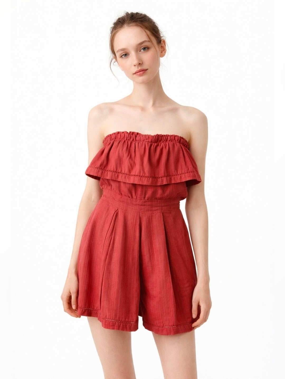 Free People Frills And Chills Coral Pink Textured Tube Romper Size Xs